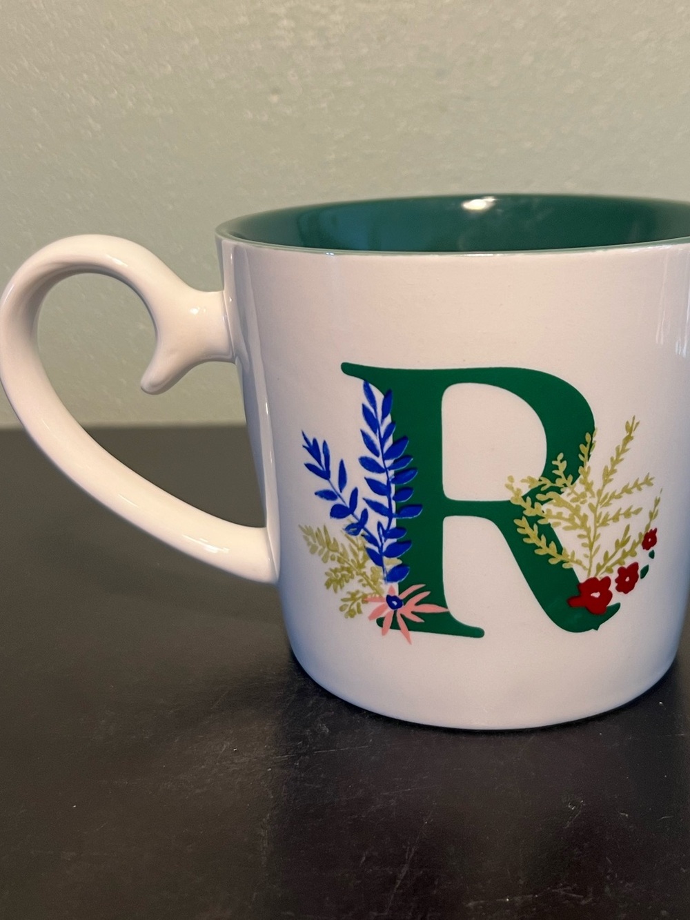 OPALHOUSE Letter "R" Initial Monogram Floral Stoneware Mug ~ Dark Green Interior